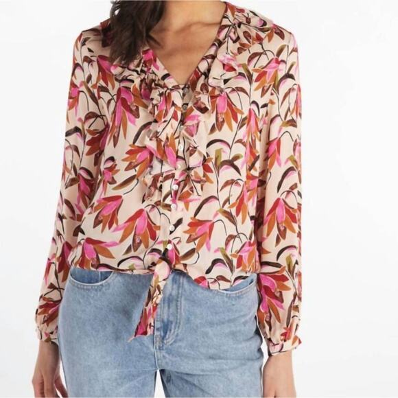 Esqualo Blouse Flowy Viscose Button Front Magnolia Floral Print Ruffles Pink - Picture 1 of 9